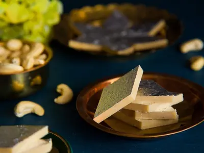 Kaju katri with silver leaf from 24 Carats Sweets, India, a FoodChow sweet shop website customer